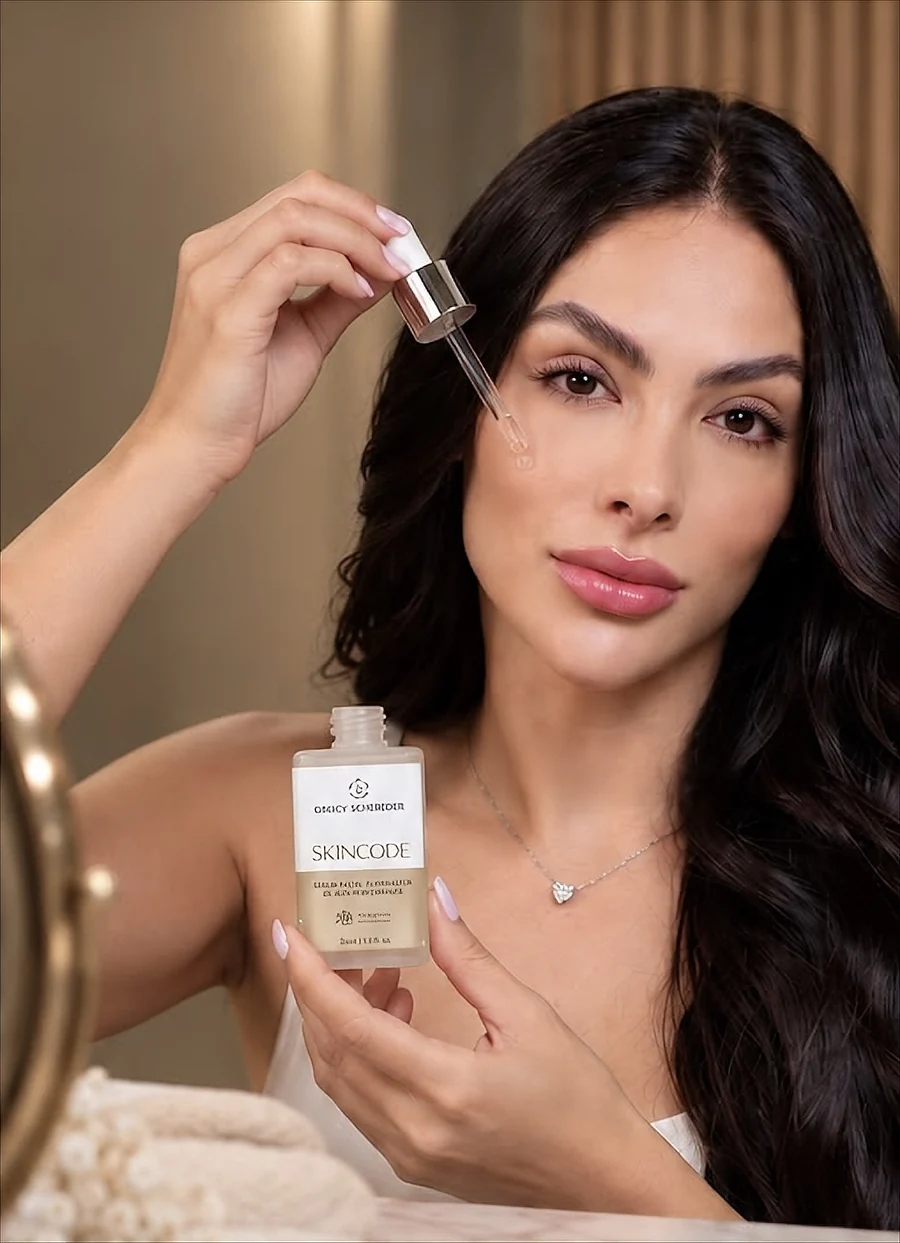 Greicy aplicando gotas do sérum SkinCode no rosto